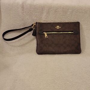 Coach Dark Brown Wristlet with Gold Zipper